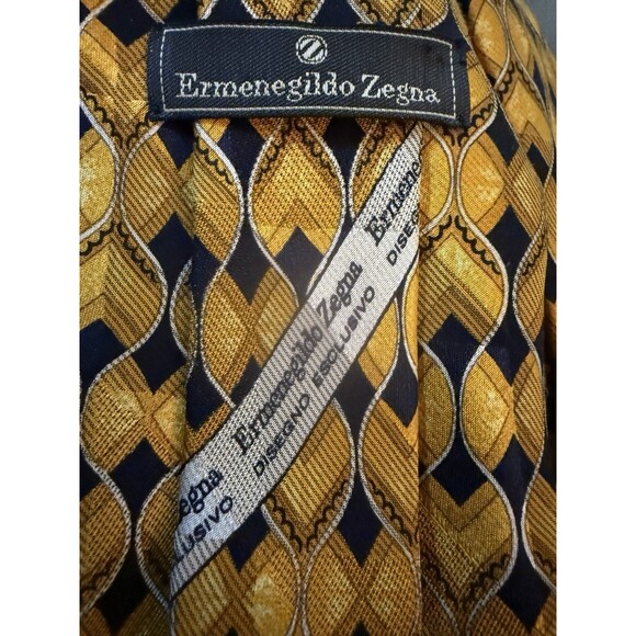Ermenegildo Zenga Men’s Gold Blue Geometric Printed 100% Silk Tie 4” Italian EUC - Picture 8 of 9